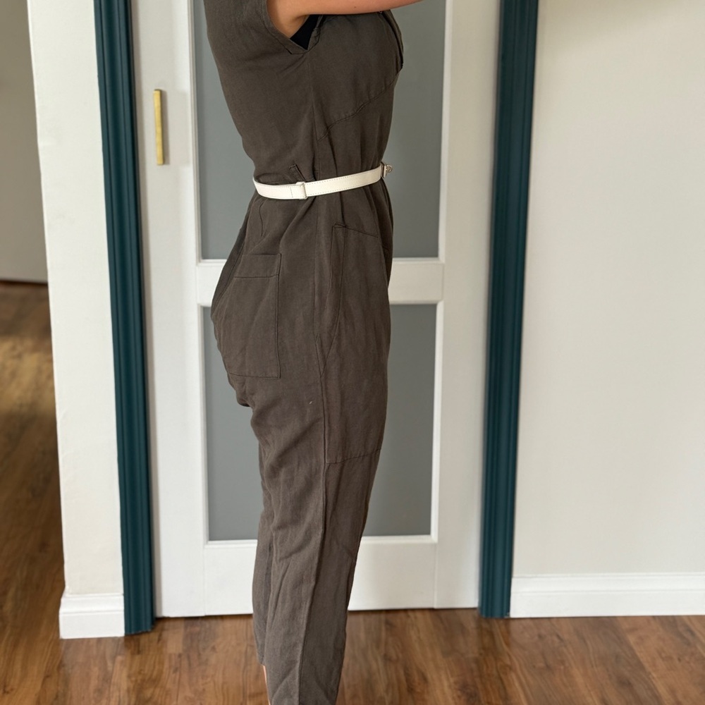 Prairie Charcoal olive utility jumpsuit organic cotton linen blend, size M.